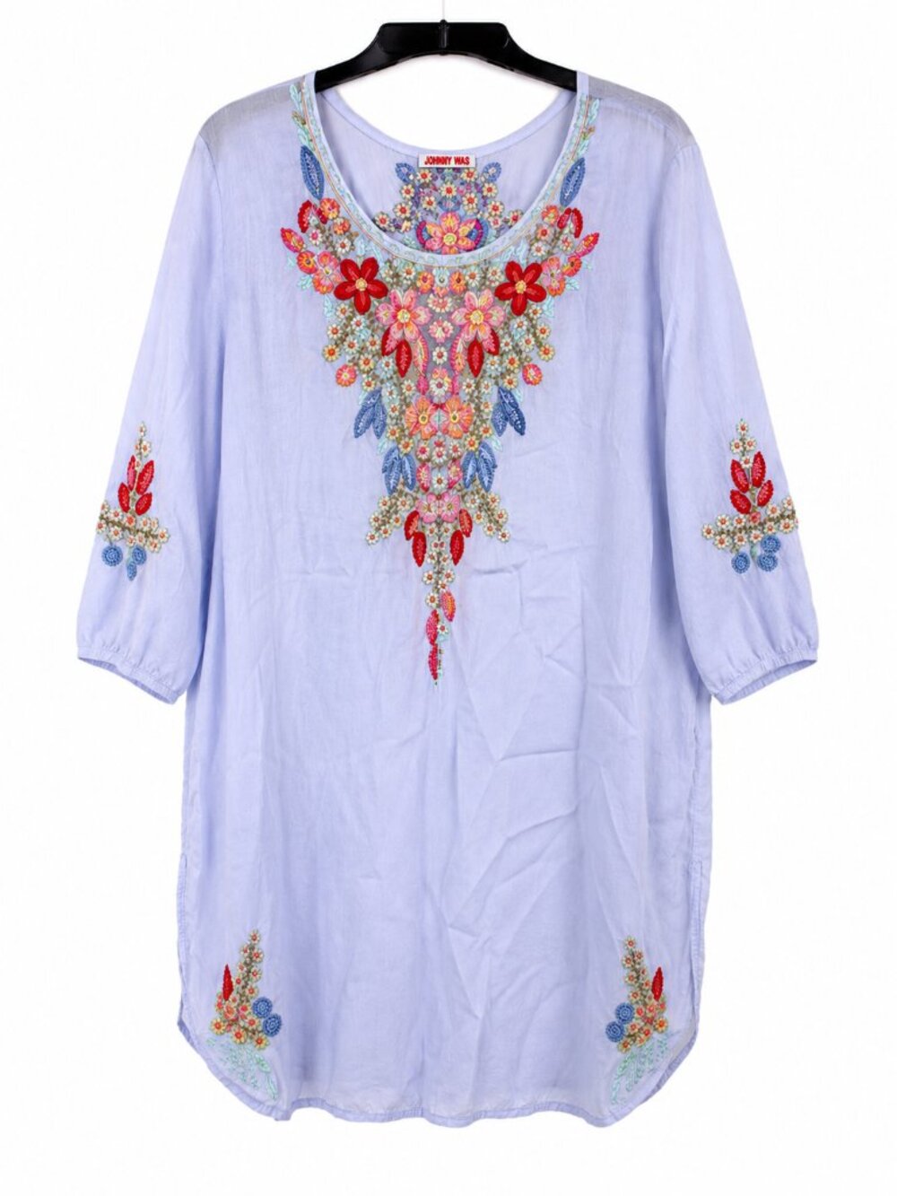 Johnny Was Tunic Top Embroidered Periwinkle Blue Cupra Rayon Blouse Sz Large